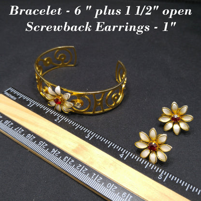 Bugbee & Niles Floral Cuff Bracelet Screw-back Earrings Set, Red Rhinestones, 1940s