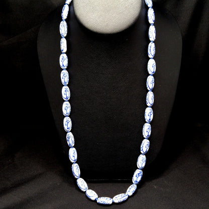 Hand Painted Blue Heron Birds Beaded Necklace, 1950s Vintage