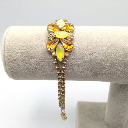 Topaz Opalescent Rhinestone Bracelet, Gold Plated, 1960s Vintage Jewelry