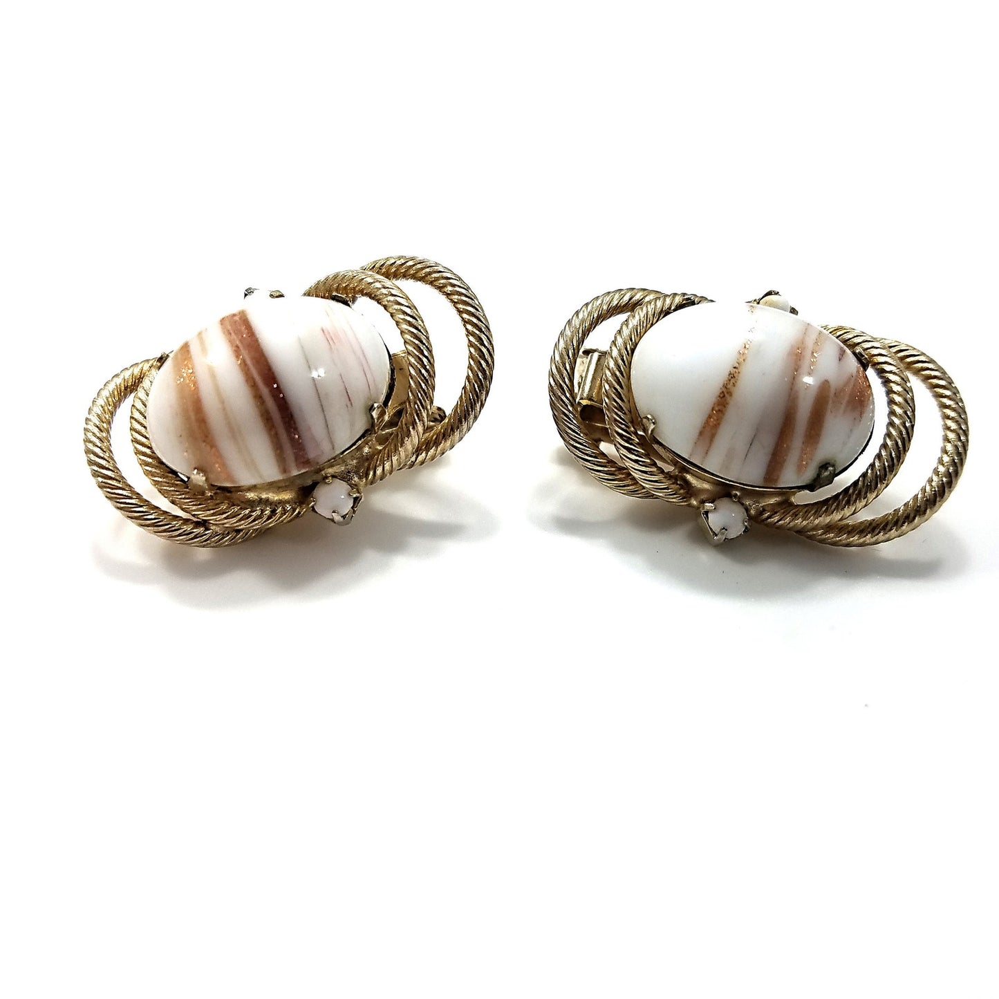 Hobe' White & Gold Earrings, Gold Plated, Art Glass, 1950s Vintage Jewelry