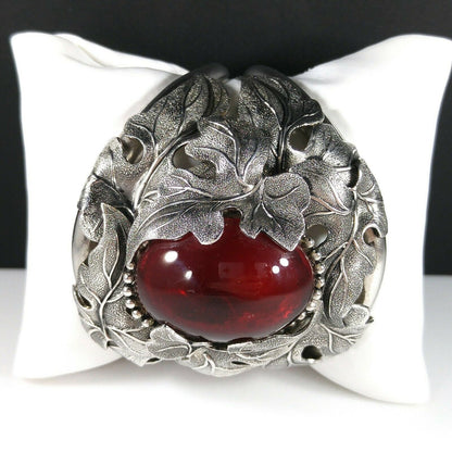 Vintage Whiting & Davis Hinged Cuff Bracelet, Red Glass Cabochon, Rhodium Plated, 1960s Vintage Jewelry
