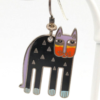 Laurel Burch "Alexander's Animal" Cat Earrings, Rhodium Plated Enamel, 1980s Vintage Jewelry