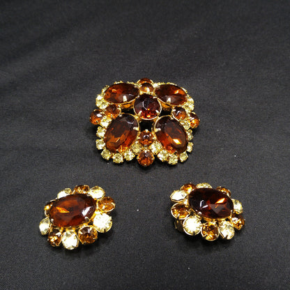 Topaz Rhinestone Brooch & Clip Earrings Set, Gold Plated, 1960s Vintage Jewelry