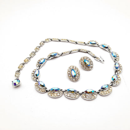 Bogoff Blue Rhinestone Rhodium Plated Choker Necklace Clip Earrings Set