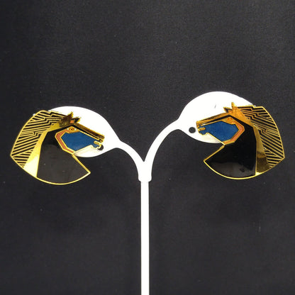 Laurel Burch "Wild Stallion" Post Earrings, Gold Plated Black Teal Enamel, 1980s Vintage Jewelry