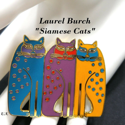 Laurel Burch "Siamese Cats" Brooch Pin, Gold Plated Cloisonne, Enamel, Cat Lover