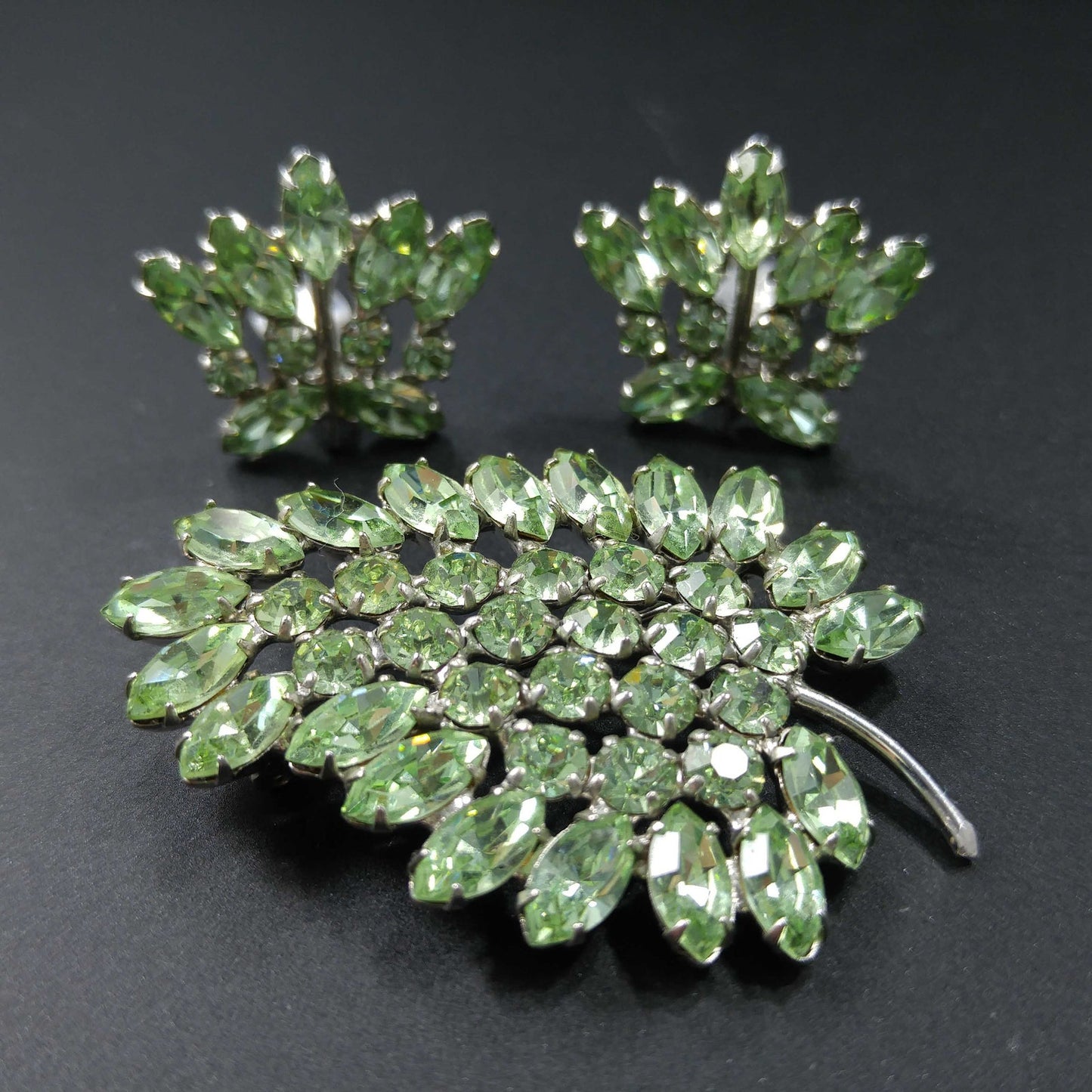 B. David Peridot Rhinestone Brooch & Earrings, Silver Tone, 1950 Vintage Jewelry