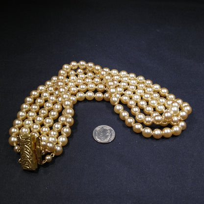 Faux Pearl Champagne Necklace, Three Strands, Glass Pearls, 1960s Vintage Jewelry