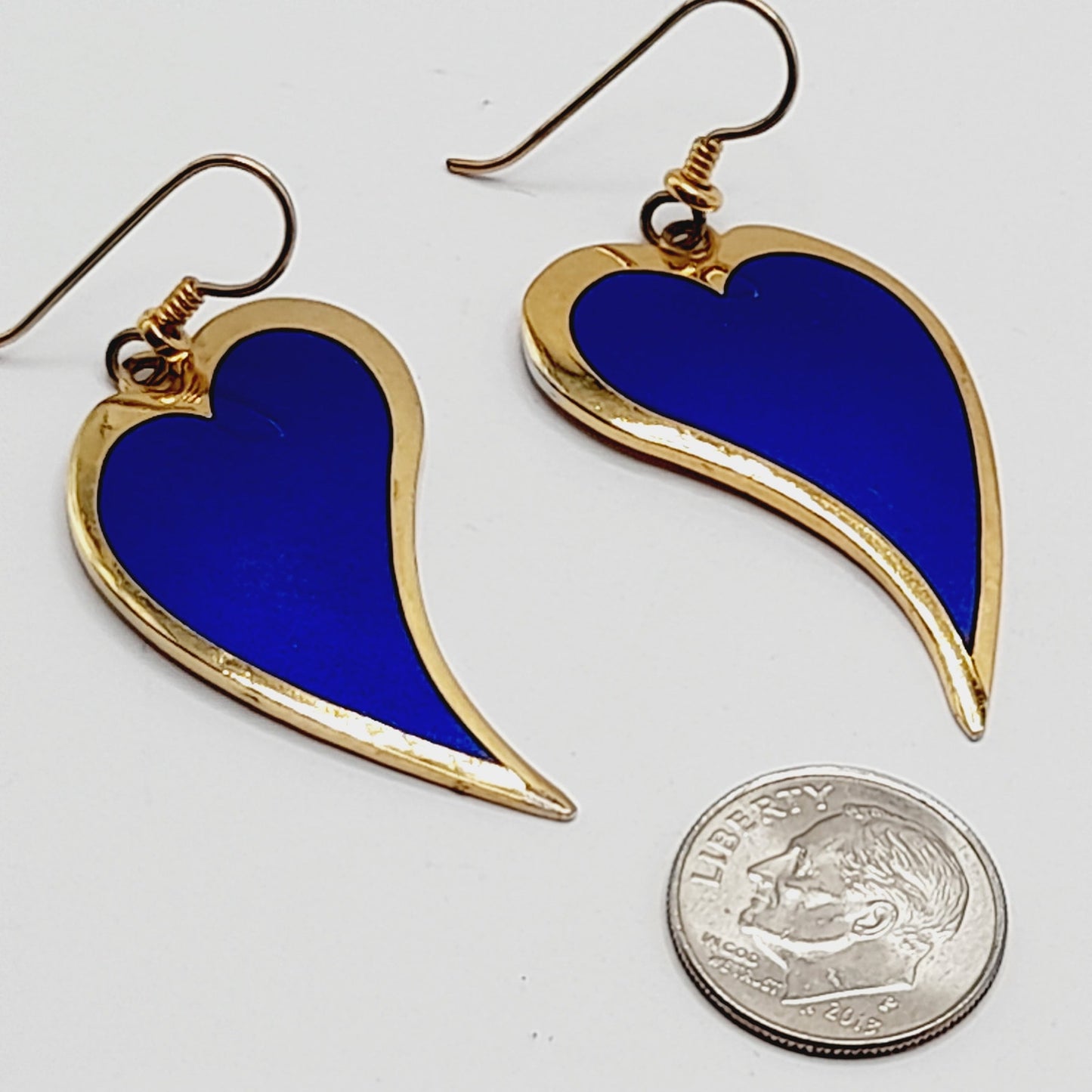 Vintage Laurel Burch Heart Dangle Earrings, Blue Enamel, Gold Plated, 2 Inches