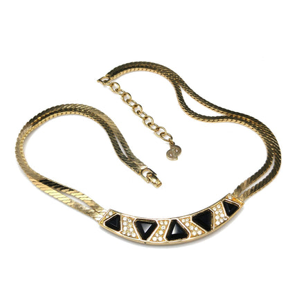 Vintage Christian Dior Black Crystal Geometric Necklace, Clear Rhinestones, Gold Plated