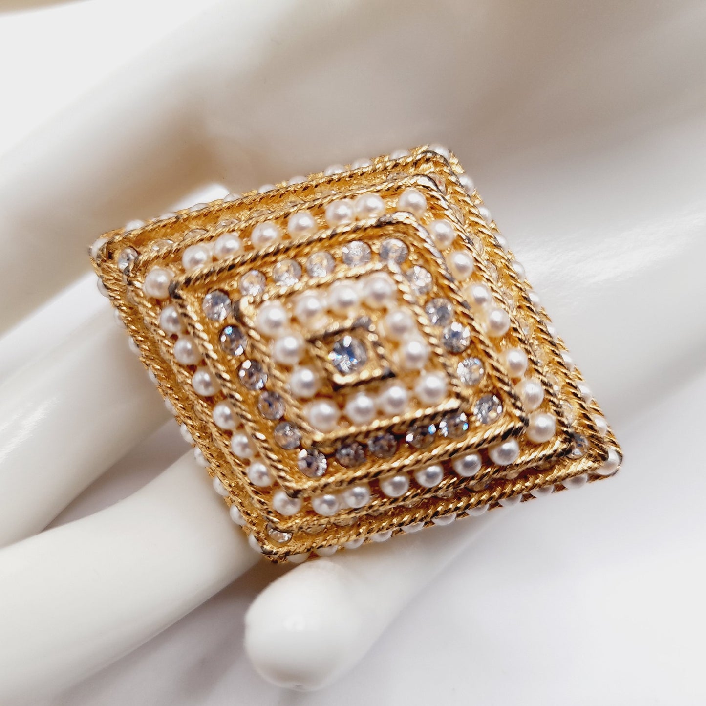 Vintage Rhinestone Faux Pearl Diamond Shaped Brooch Gold Tone Pin - 2 1/4 Inches