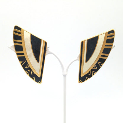 Laurel Burch Geometric Large Clip Earrings, Black White Enamel, Gold Plated, 1990s Vintage Jewelry