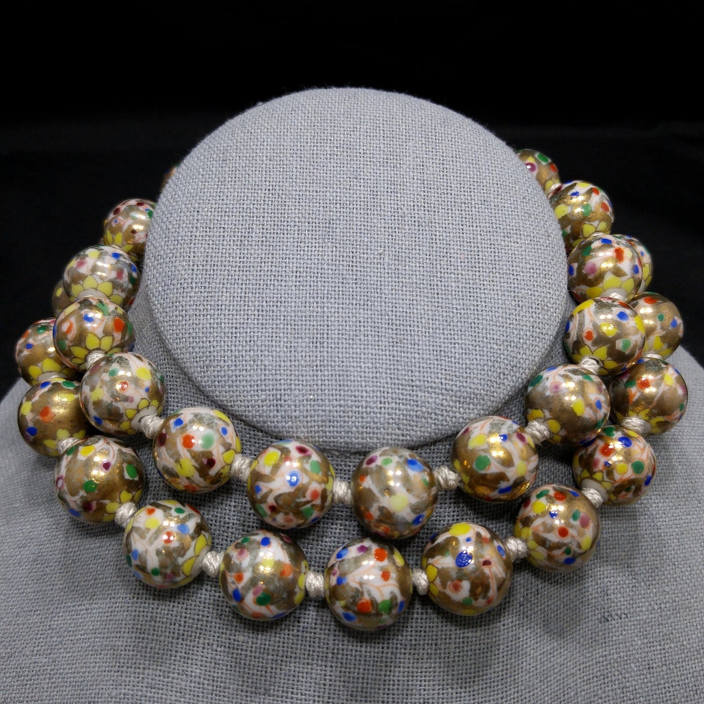 Vintage Chinese Hand Knotted Beaded Necklace, Hand Painted Floral Beads, 1940s Vintage Jewelry