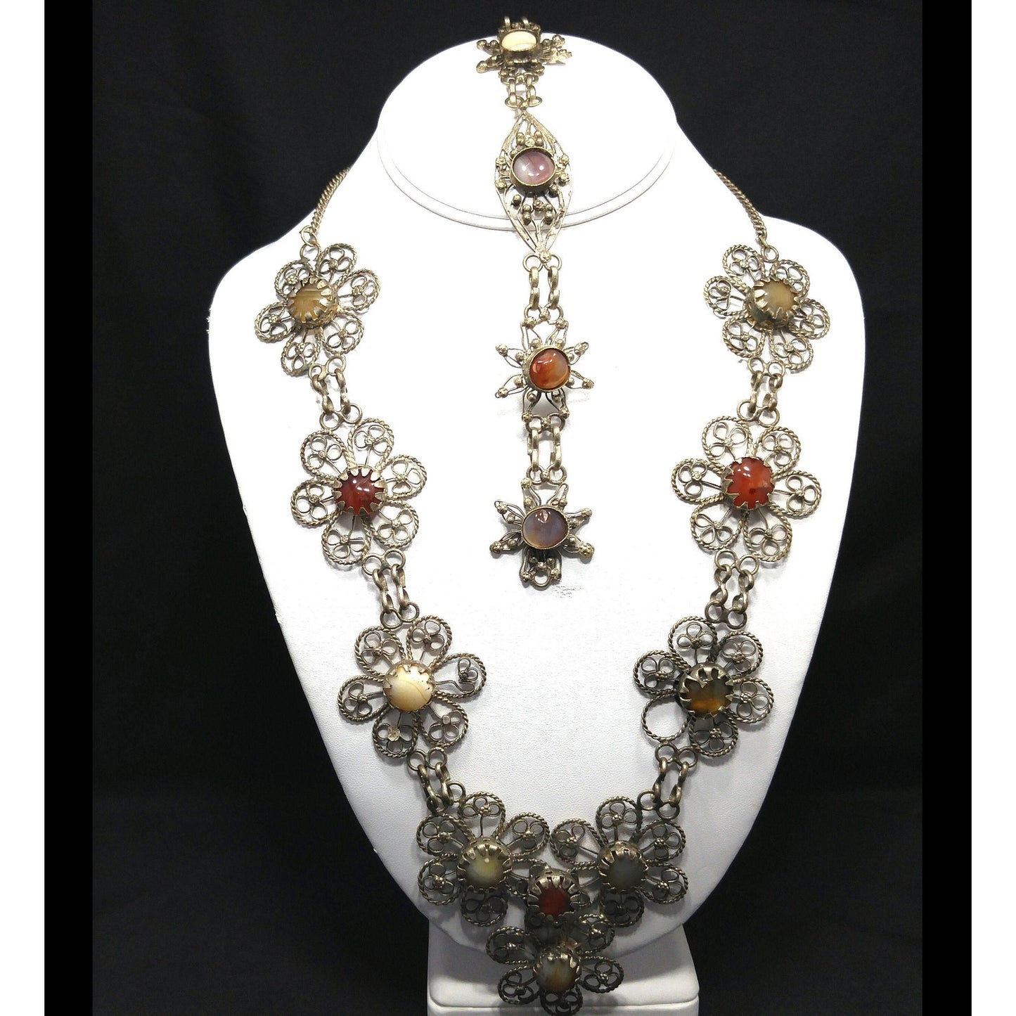 Multicolored Gemstones Twisted Wire Necklace & Bracelet, German or Nickel Silver, 1970s Vintage Jewelry