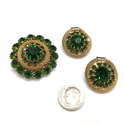 Vintage Weiss Green Rhinestone Brooch & Earrings, Gold Plated Mesh