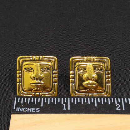 Vintage Laurel Burch Aztec Face Post Earrings, Gold Plated