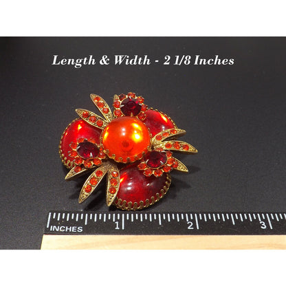 Red Rhinestone Orange Cabs Designer Brooch, Dog Tooth Cabochons, 1960s Vintage Jewelry