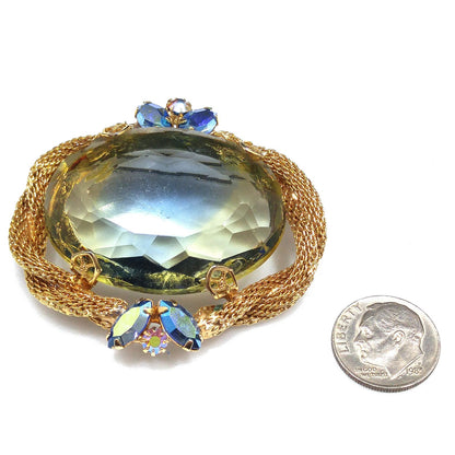Large Glass Mesh Frame Brooch & Pendant, Gold Plated, 1960s Vintage Jewelry