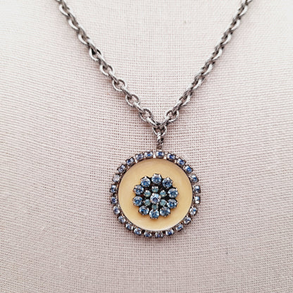 Vintage Liz Palacios Pendant Necklace – Blue Rhinestones on Cream Enamel – Gold Tone