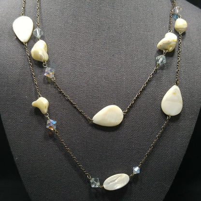 Liz Palacios S.F. White Shell & Crystal Long Necklace, 42 Inch Layering Necklace, Vintage Jewelry