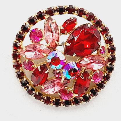 WEISS Red & Pink Rhinestone Round Vintage Brooch – Gold Plated 1960s