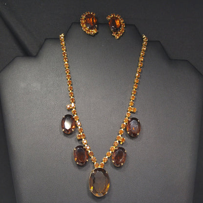 Vintage Topaz Rhinestone Necklace & Earrings, Large Faceted Rhinestones, 1960s Vintage Jewelry