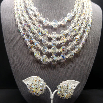 Laguna AB Crystal Beaded Necklace, Five Strands, Aurora Borealis Beads, 1950s