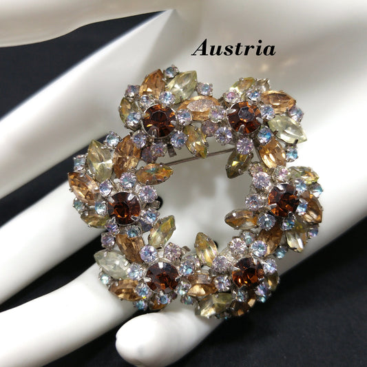 Austrian Floral Wreath Crystal Brooch, Rhodium Plated, 1960s Vintage Jewelry