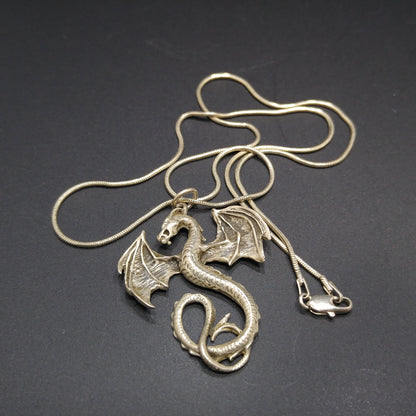 Silver Dragon Pendant Necklace, 925 Italy Snake Chain, 1970s Vintage Jewelry