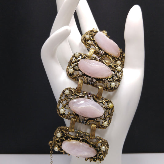 Vintage Chunky Art Glass Wide Bracelet, Pink Glass, 1940s 1950s Vintage Jewelry