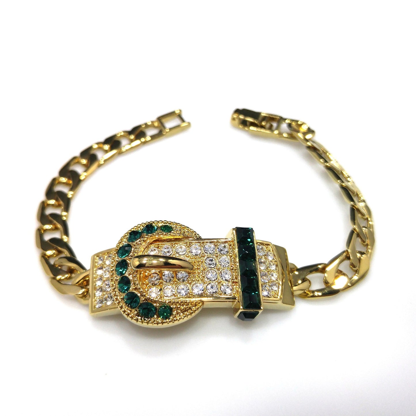 Vintage Jackie Kennedy JBK Bracelet, Faux Emerald Clear Rhinestones, Gold Plated
