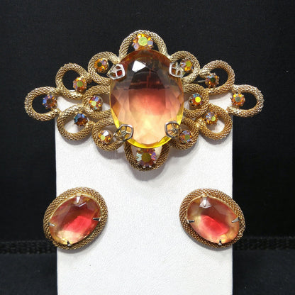 Vintage Gold Pink Large Glass Brooch Earrings Set, Gold Plated, 1960s Vintage Jewelry