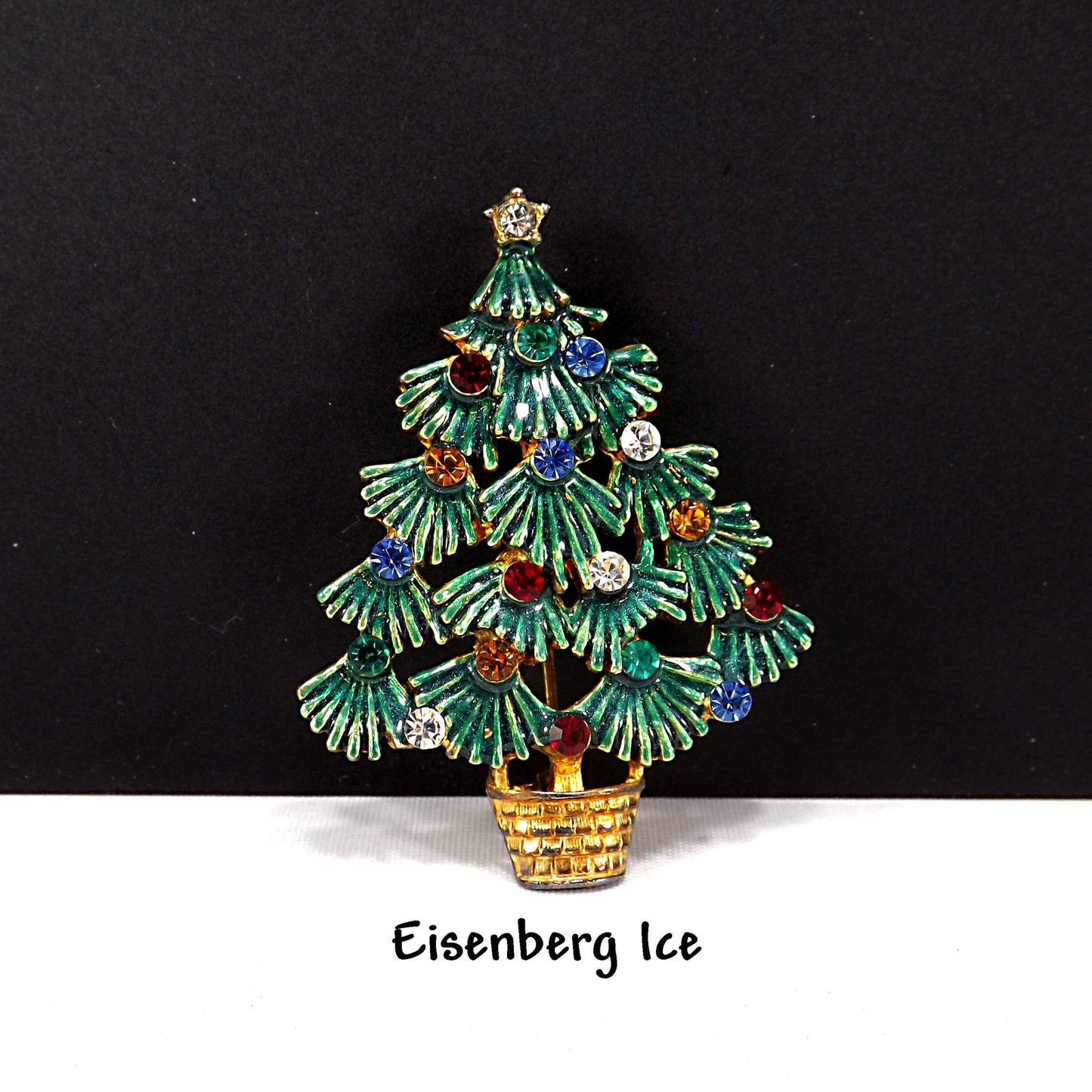 Eisenberg Ice Christmas Tree Brooch, Enamel Leaves, Rhinestones, 1970s Vintage