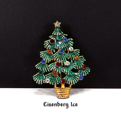 Eisenberg Ice Christmas Tree Brooch, Enamel Leaves, Rhinestones, 1970s Vintage