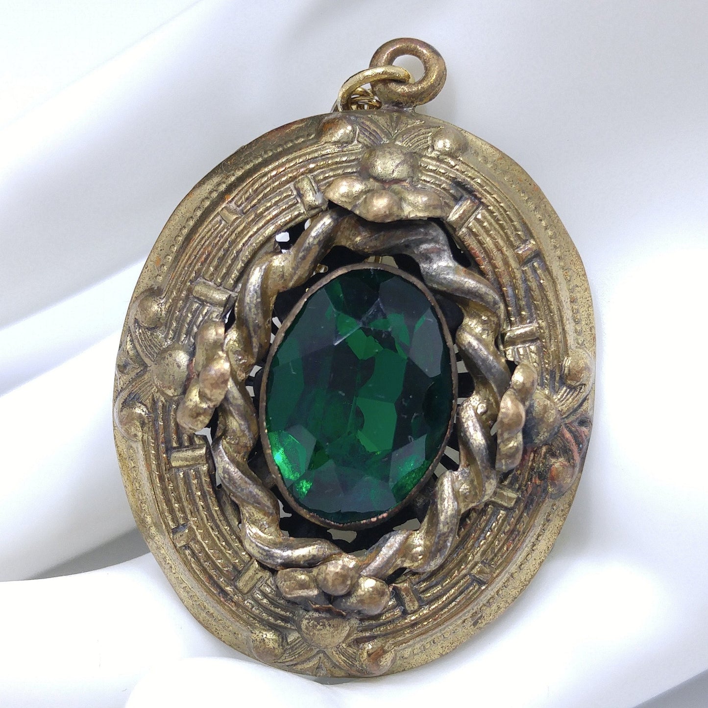 Antique 1920s Czech Emerald Green Glass Pendant Gold Filigree Necklace