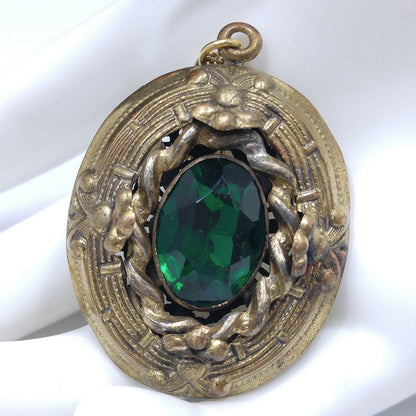Antique 1920s Czech Emerald Green Glass Pendant Gold Filigree Necklace