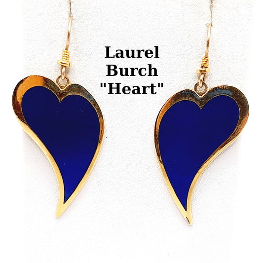Vintage Laurel Burch Heart Dangle Earrings, Blue Enamel, Gold Plated, 2 Inches