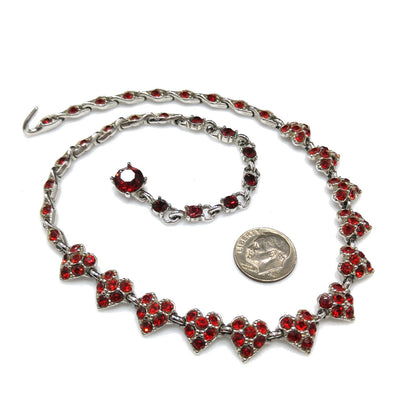 Vintage Bogoff Heart Red Rhinestone Choker Necklace, Rhodium Plated, 1950s