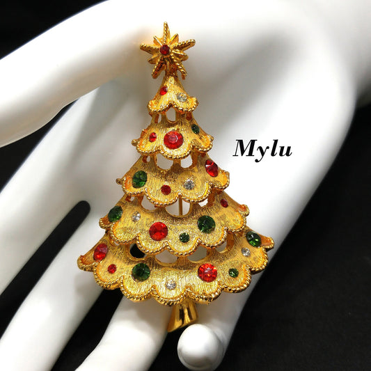 Mylu Christmas Tree Brooch, Red Green Rhinestones, Gold Tone, 1960s Vintage