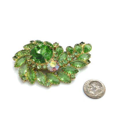 Peridot Green Floral Spray Brooch, Large Green Rhinestone, 1960s Vintage Jewelry