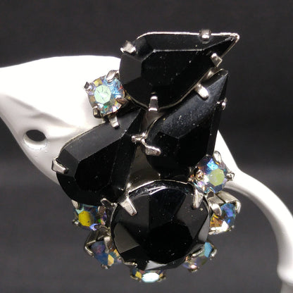 Black Aurora Borealis Brooch & Earrings, Rhodium Plated, 1960s Vintage Jewelry