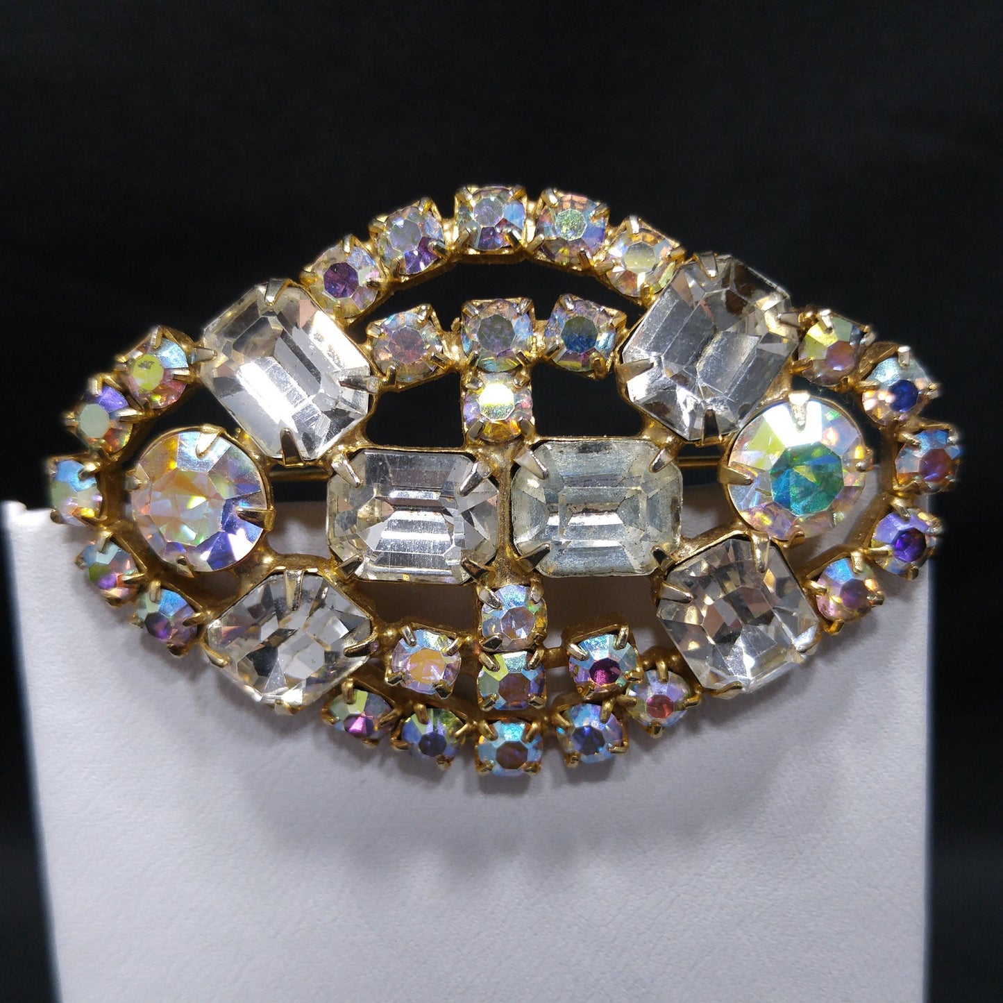 Clear Aurora Borealis Brooch, Gold Plated, 1960s Vintage Jewelry