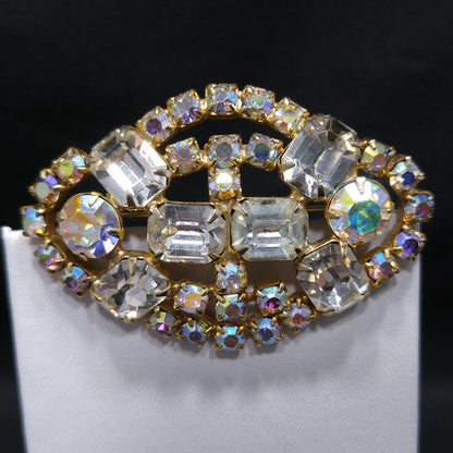 Clear Aurora Borealis Brooch, Gold Plated, 1960s Vintage Jewelry