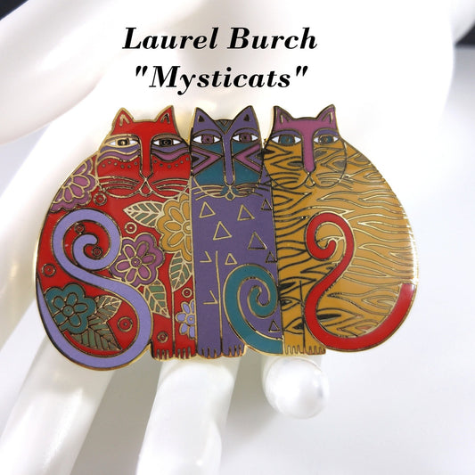 Laurel Burch "Mysticats" Large Cat Brooch, Gold Plated Cloisonne, 1980s Vintage Jewelry