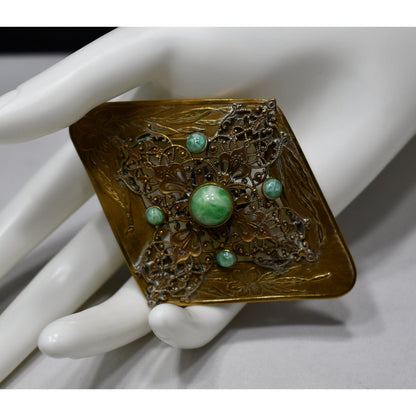 Vintage Brass Sash Pin, Green Marbled Cabochon, Early 1900s Vintage Jewelry