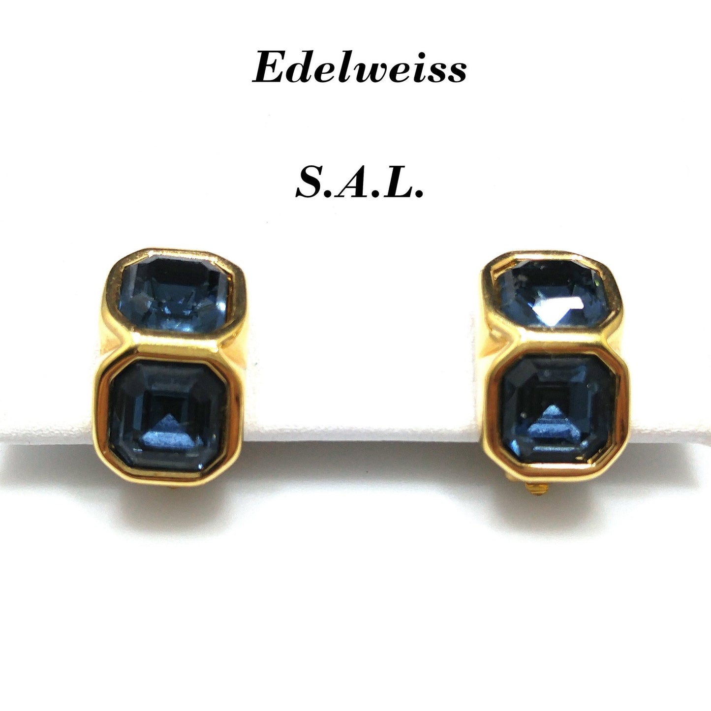 Edelweiss S.A.L. Swarovski Blue Clip Earrings, Gold Plated,  Vintage Jewelry