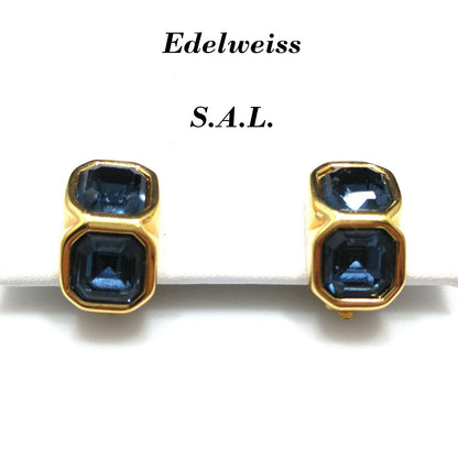 Edelweiss S.A.L. Swarovski Blue Clip Earrings, Gold Plated,  Vintage Jewelry