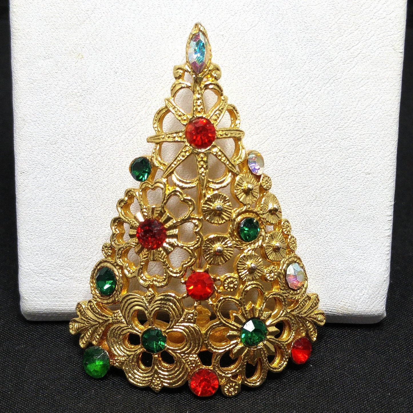 Mylu Christmas Tree Brooch, Gold Plated Floral Rhinestone Pin, 1960s Vintage Holiday Jewelry
