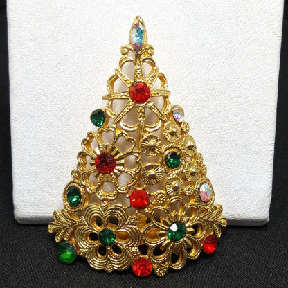 Mylu Christmas Tree Brooch, Gold Plated Floral Rhinestone Pin, 1960s Vintage Holiday Jewelry