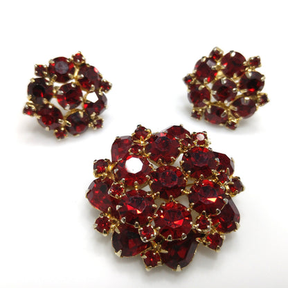 Weiss Red Rhinestone Brooch & Screw-Back Earrings Set — 1950s